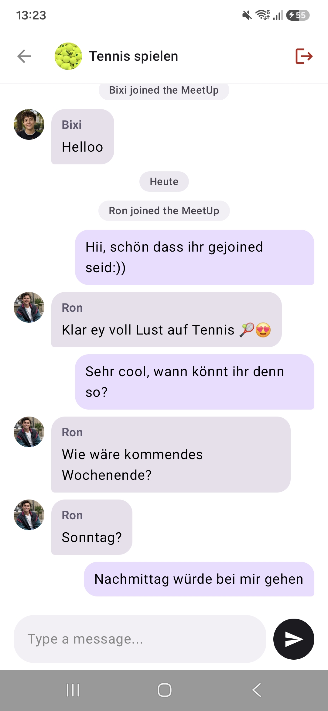 GetOn Gruppenchat zur Planung eines Tennis-Treffens