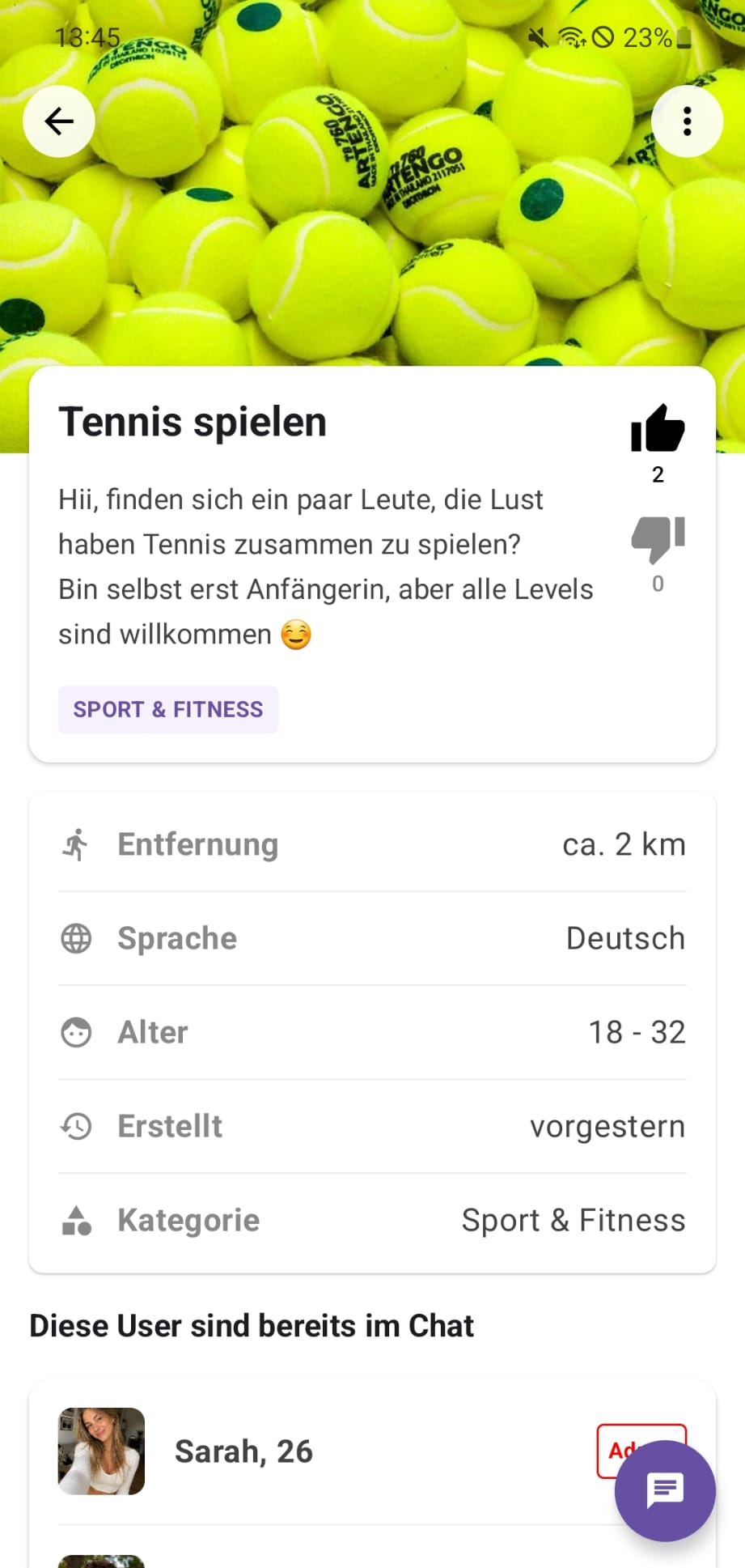 GetOn App: Detailansicht eines MeetUps zum Ausgehen