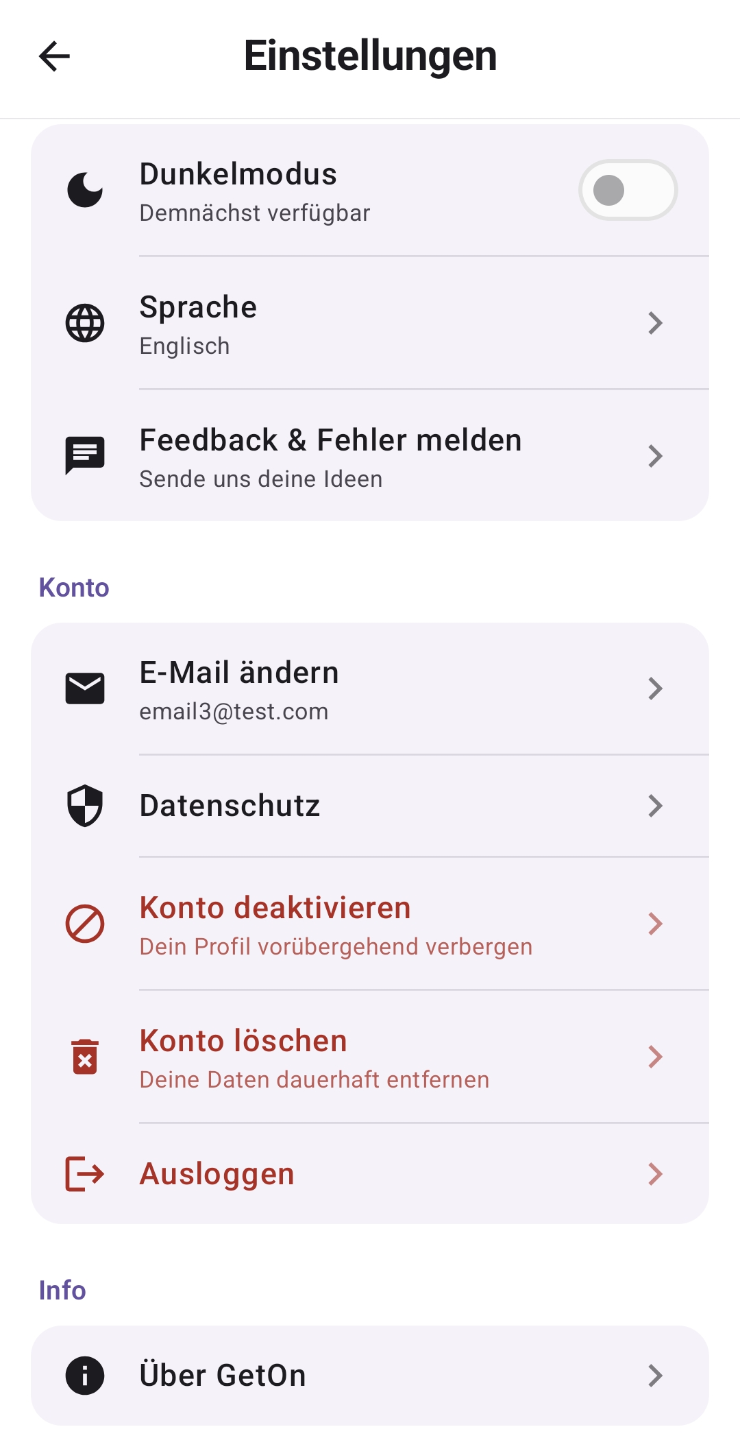 GetOn-Einstellungen mit dem Button Konto löschen im Bereich Konto