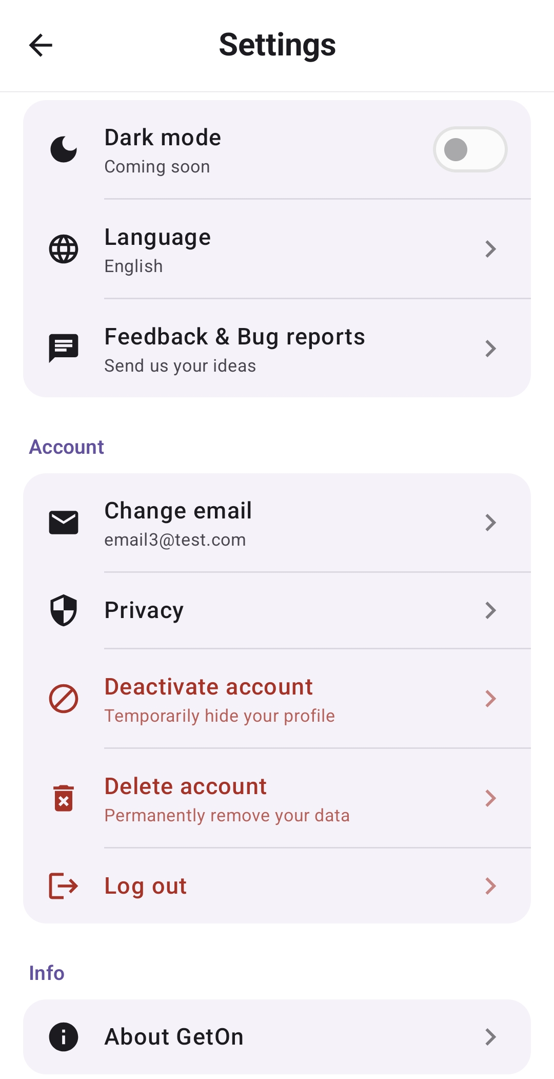 GetOn settings screen showing the Delete account button in the Account section